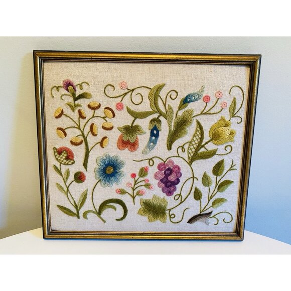 Handmade Other - Vintage Floral Needlepoint Embroidery Wall Hanging Needlepoint Picture Completed